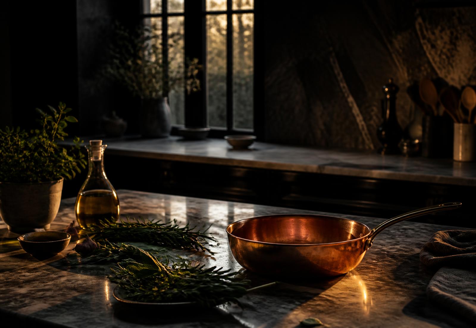 A copper pan and fresh herbs on a marble counter in low golden light