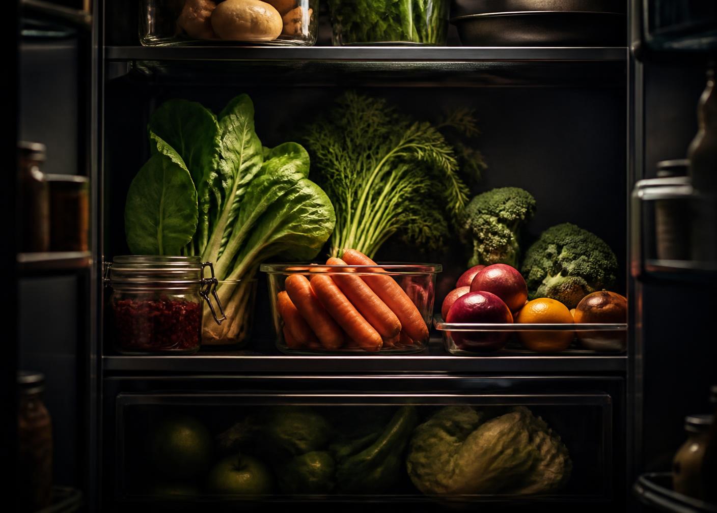 An open refrigerator shelf with fresh produce arranged in glass containers