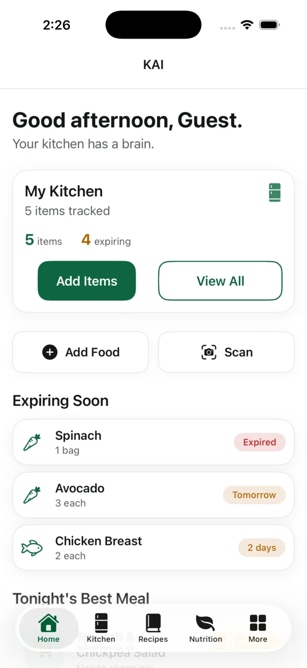 KAI home screen showing tracked kitchen state and expiring items